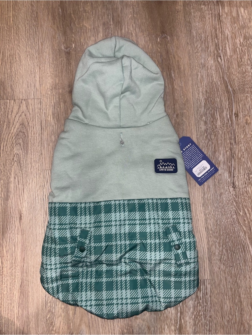 Life Is Good Sage Green Hooded Plaid Dog Jacket